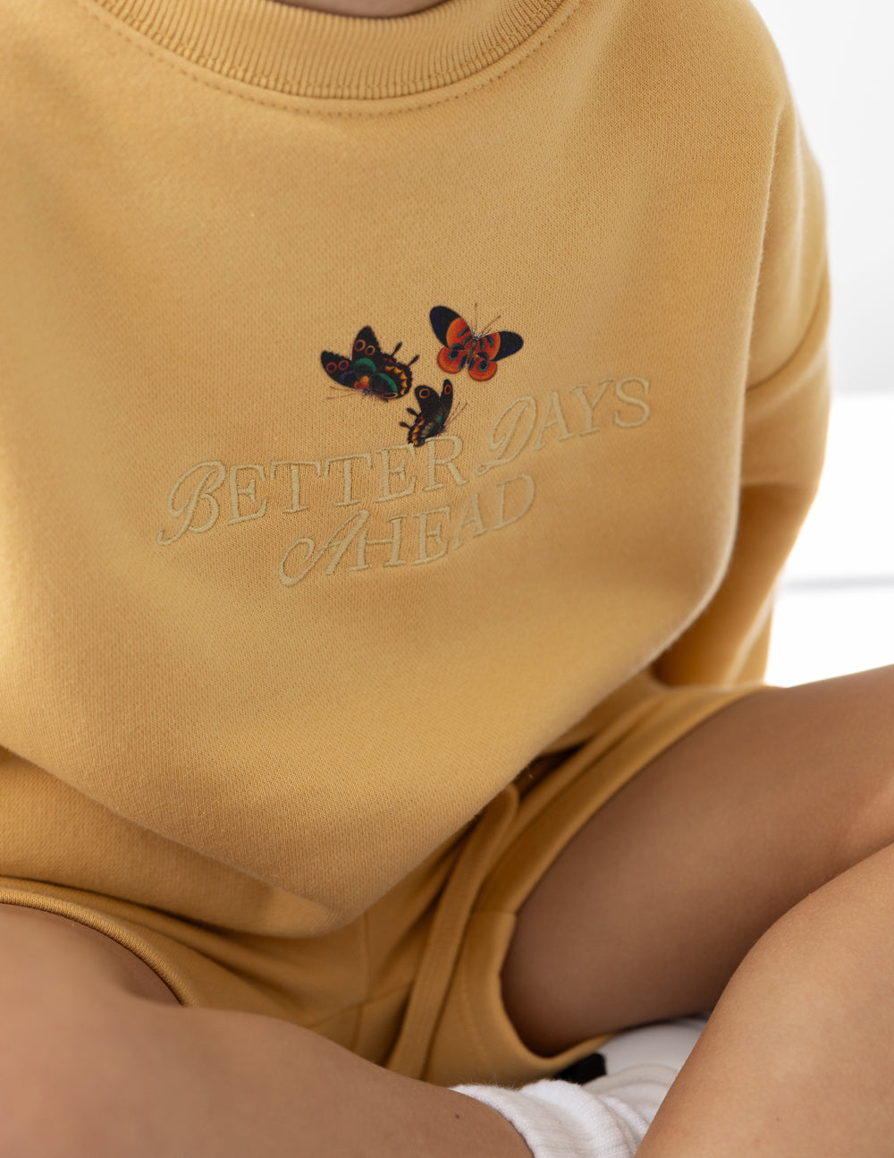 Elevated Faith Kids Crewneck Sweater in Yellow with Better Days Ahead Embroidery and Butterfly Design, part of Christian Kids Apparel