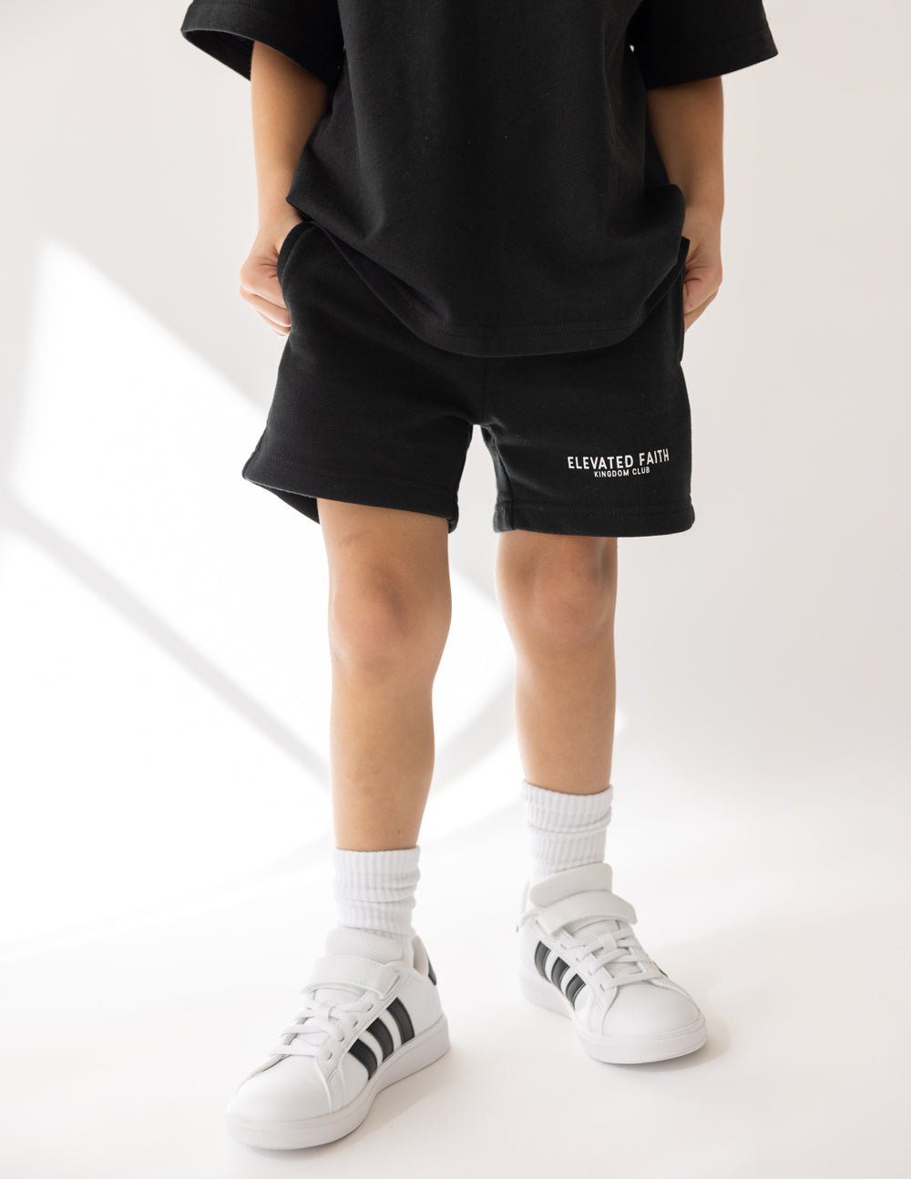 Black Elevated Faith Kids Shorts with Comfortable Fit for Christian Kids Apparel