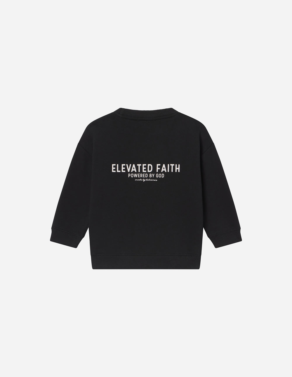 Elevated Faith Kids Crewneck Sweatshirt in Black featuring Powered by God text for Christian Kids Apparel