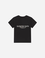 Black Elevated Faith Kids T-Shirt featuring 'Powered by God' text, ideal Christian Kids Apparel