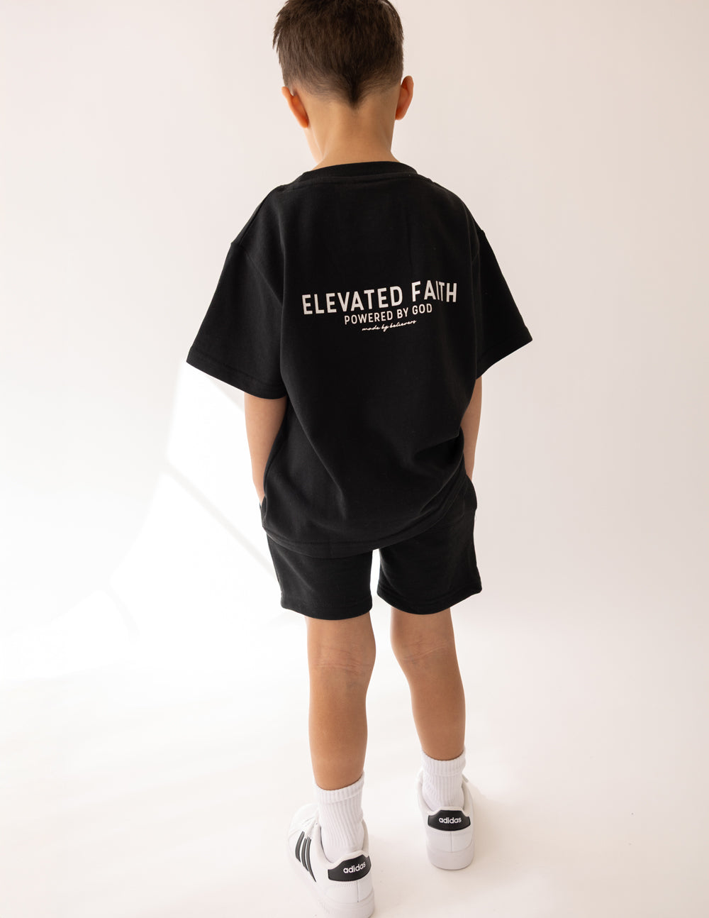 Elevated Faith Black Kids T-Shirt with 'Powered by God' for Christian Kids Apparel