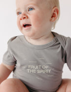 Gray Elevated Faith Onesie for Kids featuring Fruit of the Spirit design, perfect Christian Kids Apparel