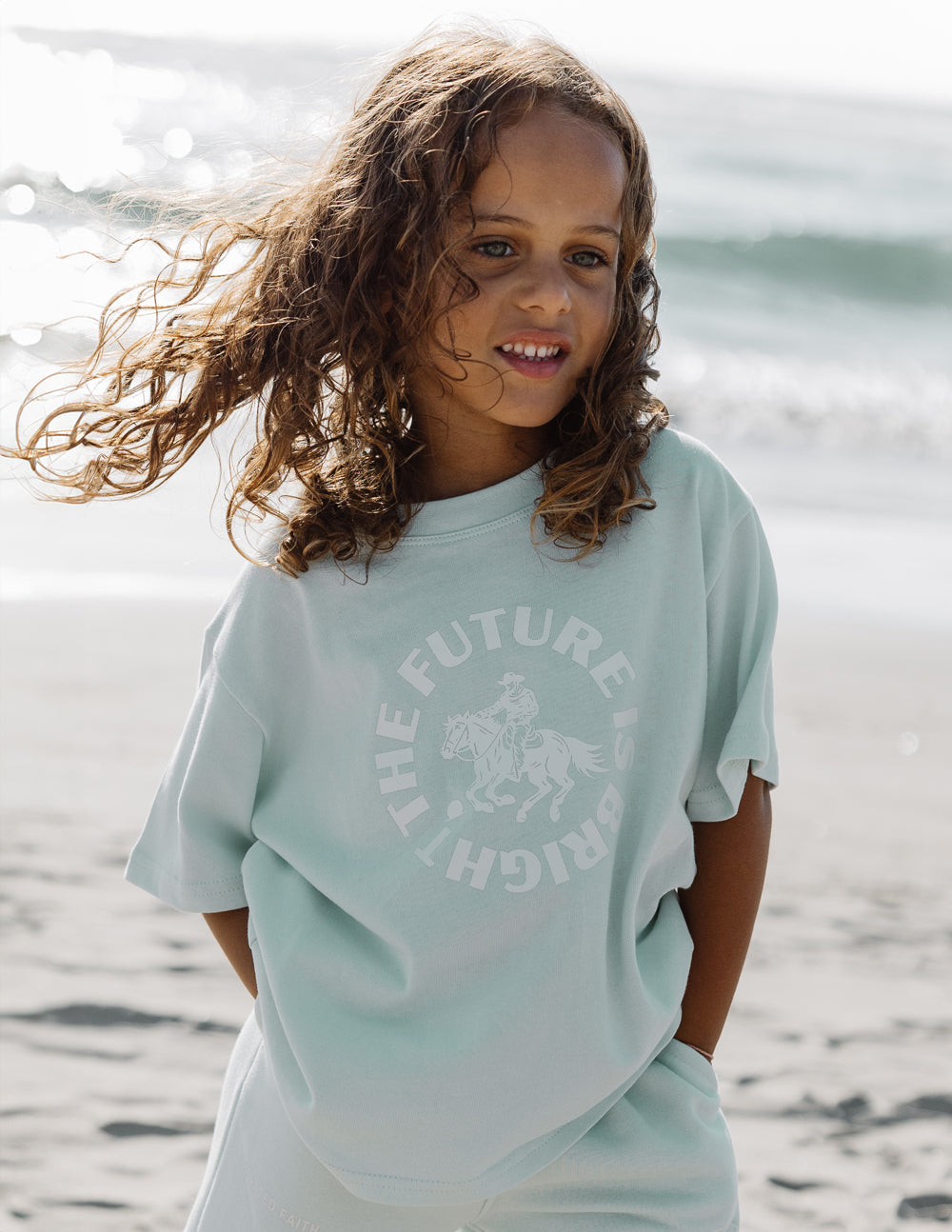 Light Blue Elevated Faith Kids T-Shirt featuring 'The Future is Bright' in Christian Kids Apparel