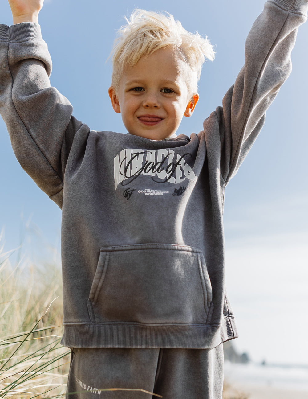 Gray Elevated Faith Kids Hoodie featuring the text Gold, perfect for Christian Kids Apparel