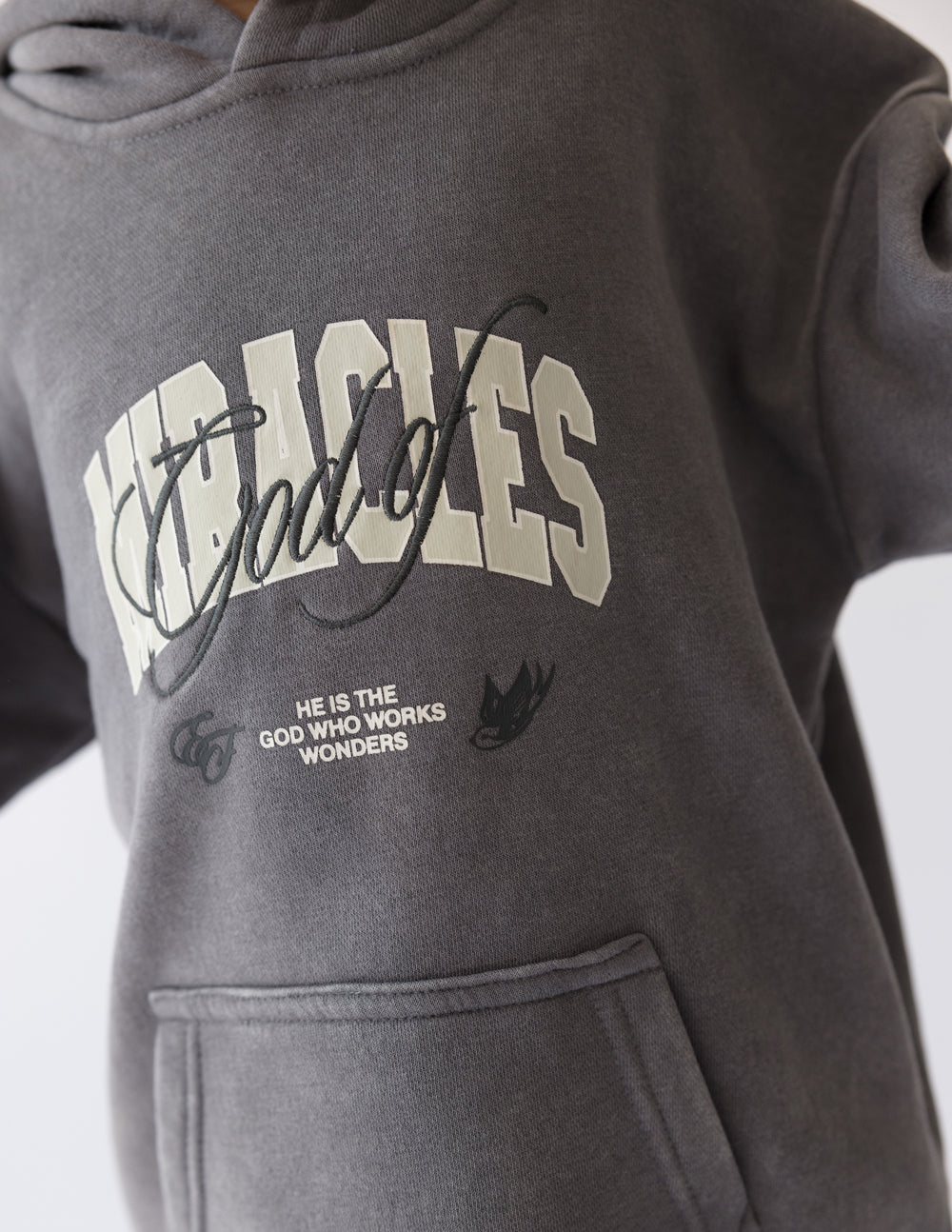 Elevated Faith Kids Hoodie in Gray with Miracles Graphic for Christian Kids Apparel