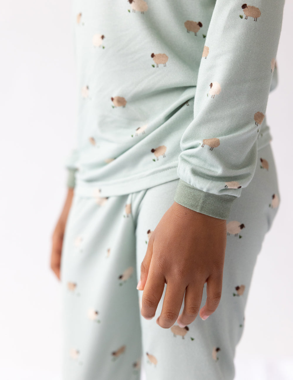 Elevated Faith Kids Pajama Set in Soft Green with Cute Sheep Print, part of Christian Kids Apparel