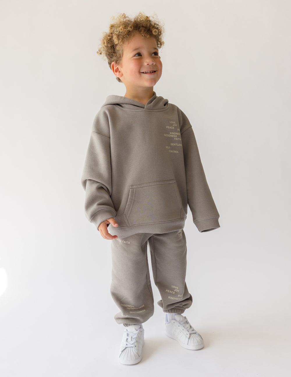 Elevated Faith Kids Hoodie in Gray with Christian Kids Apparel Print and Front Pocket
