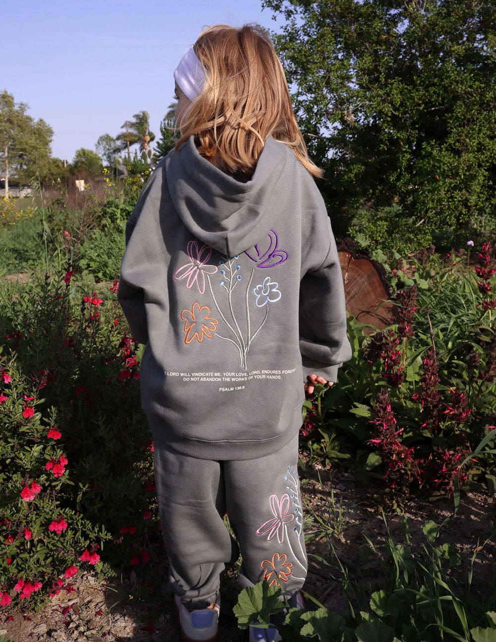 Elevated Faith Kids Sweatpants in Gray featuring colorful flower designs, perfect Christian Kids Apparel