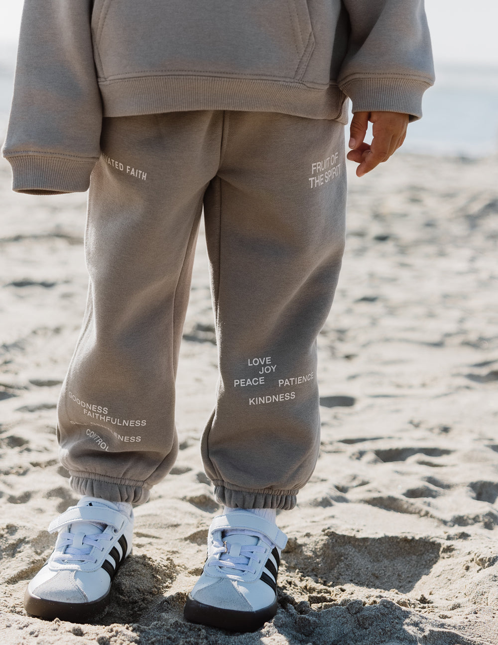 Elevated Faith Kids Sweatpant in Beige with Inspirational Text from Christian Kids Apparel