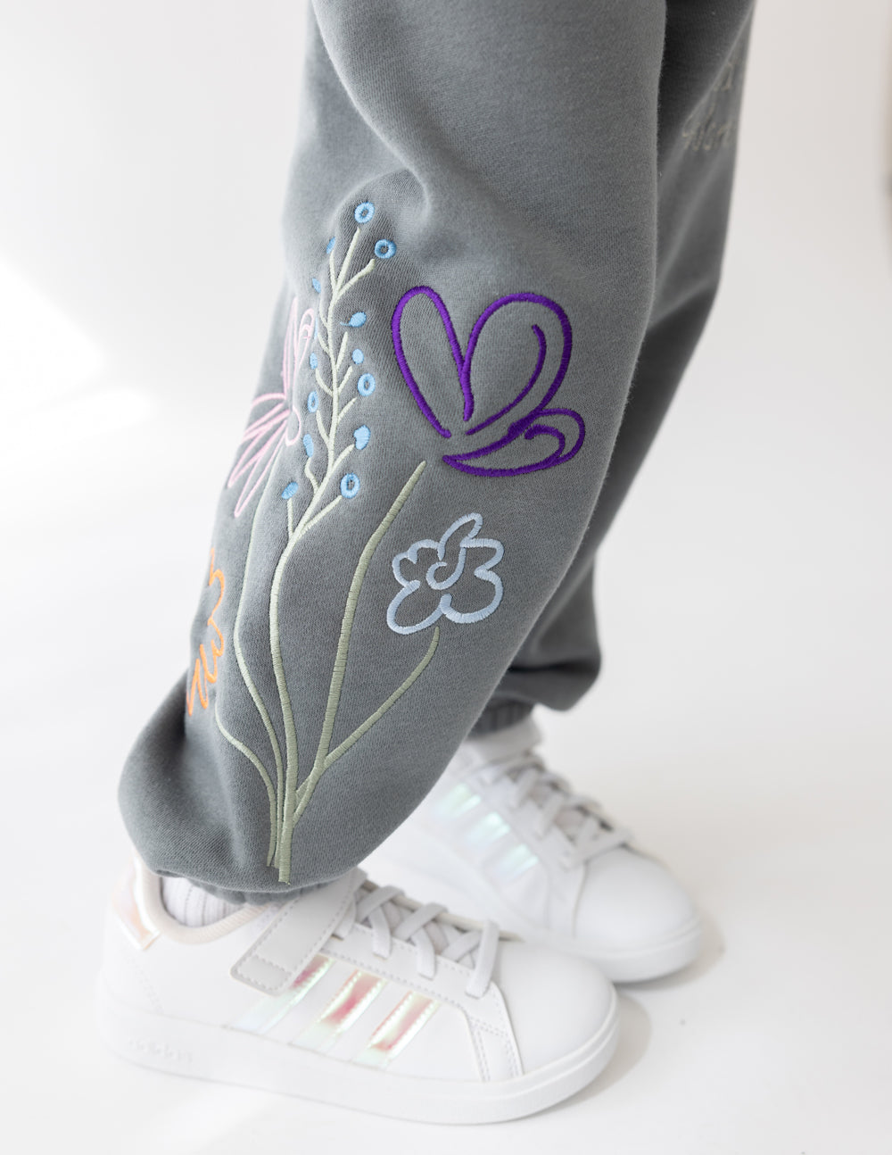 Elevated Faith Kids Sweatpant in Gray with Colorful Flower Embroidery, part of Christian Kids Apparel