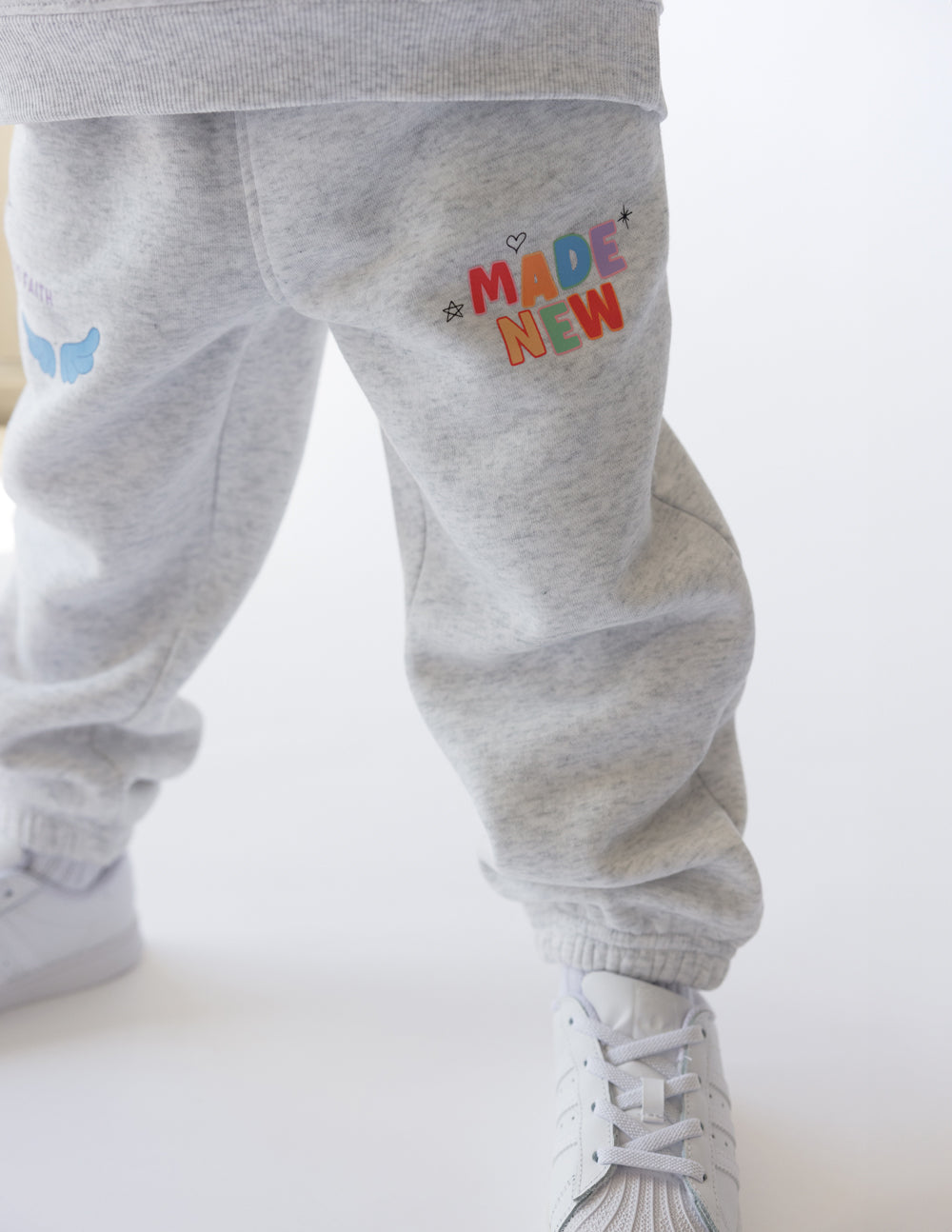 Elevated Faith Kids Sweatpant in Gray with Colorful 'Made New' Print, perfect for Christian Kids Apparel