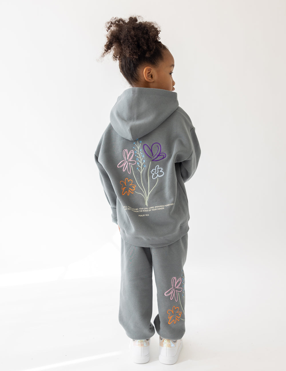 Elevated Faith Kids Hoodie in Gray with Colorful Flower Design for Christian Kids Apparel