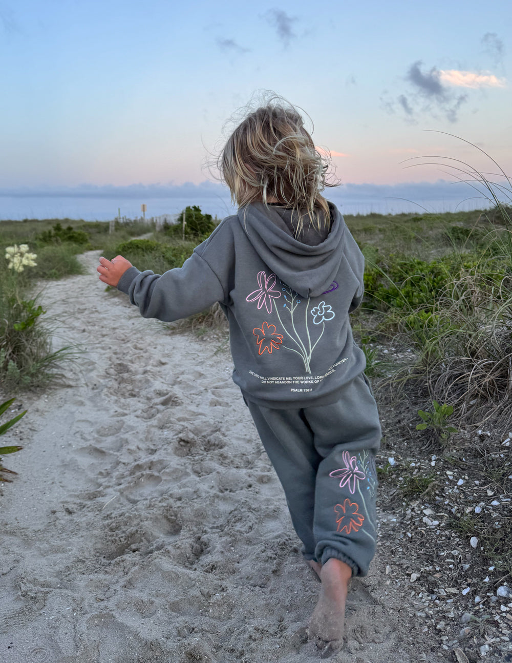 Kids hoodie from Elevated Faith in gray with colorful flower designs, ideal for Christian Kids Apparel