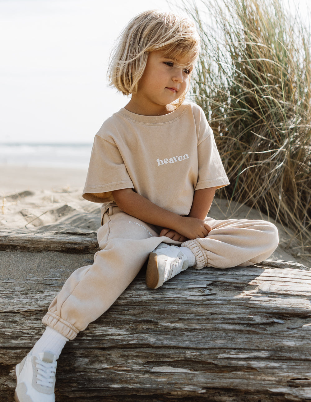Kids T-Shirt in beige with 'heaven' text, perfect for Christian Kids Apparel by Elevated Faith