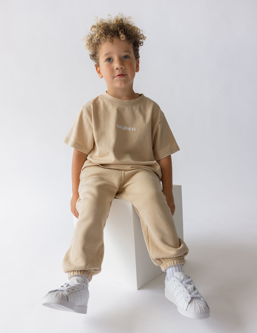 Elevated Faith Kids T-Shirt in Beige with Heaven Print for Christian Kids Apparel