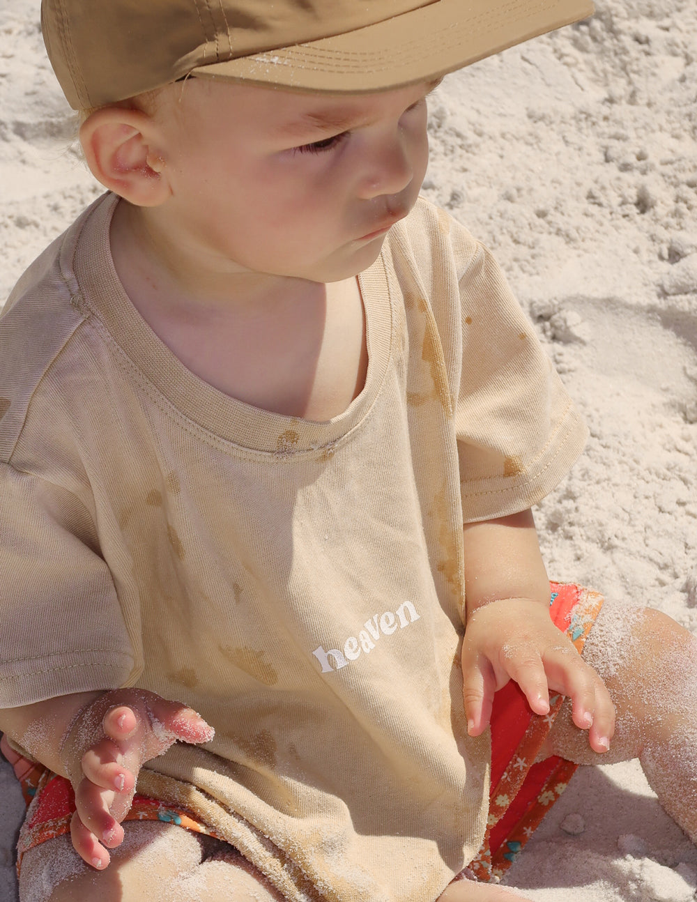 Elevated Faith beige Kids T-Shirt with 'heaven' text, ideal for Christian Kids Apparel and beach outings