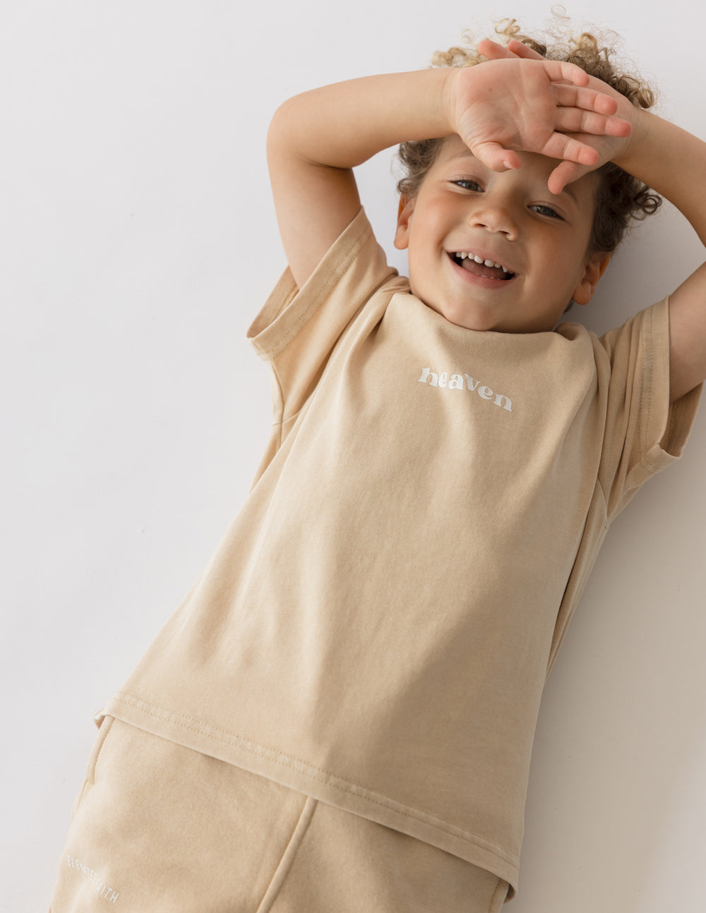 Beige Elevated Faith Kids T-Shirt with 'heaven' text, perfect for Christian Kids Apparel