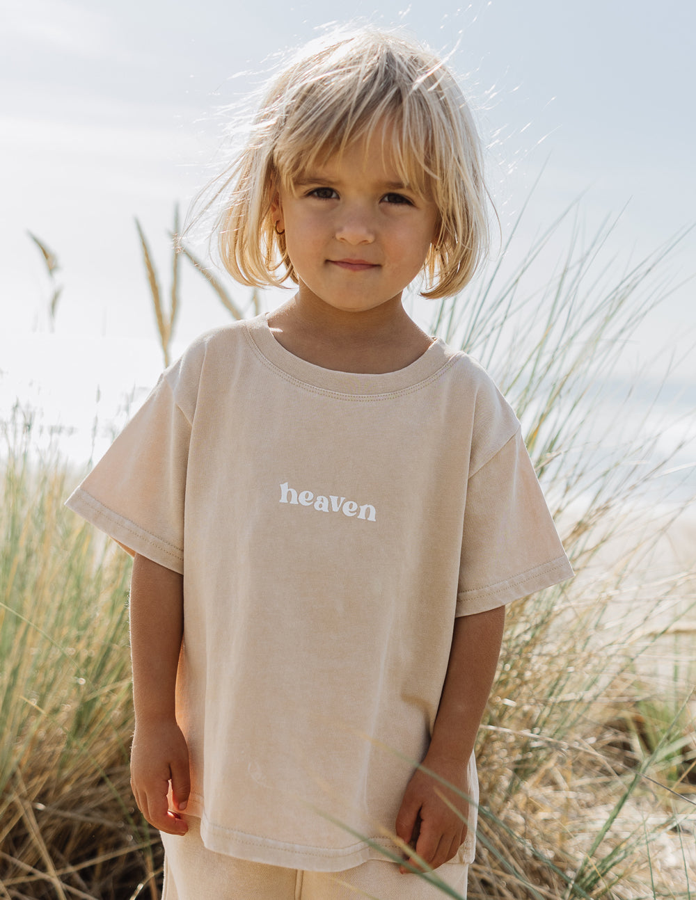 Elevated Faith Kids T-Shirt in Beige with 'heaven' text, perfect Christian Kids Apparel