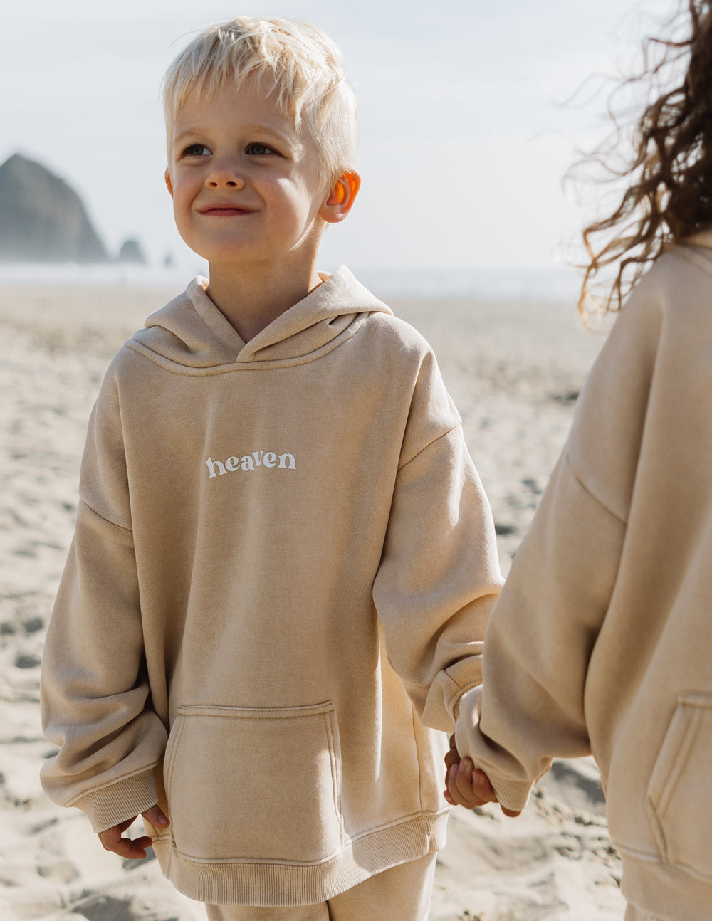 Elevated Faith Kids Hoodie in Beige with Heaven Print for Christian Kids Apparel