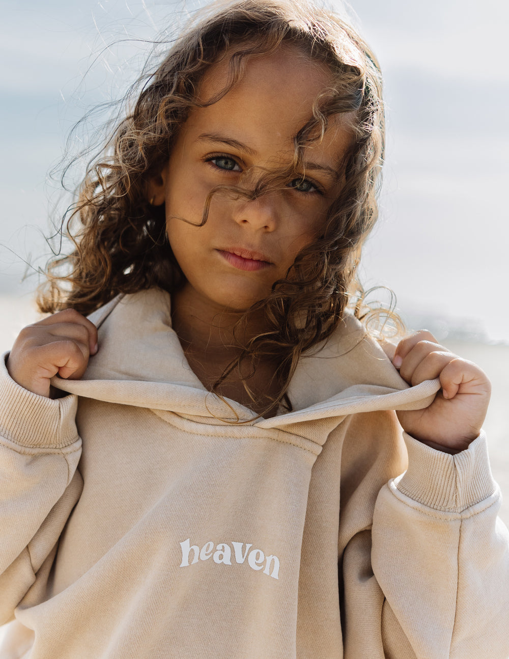 Elevated Faith Kids Hoodie in Beige with 'heaven' Print for Christian Kids Apparel