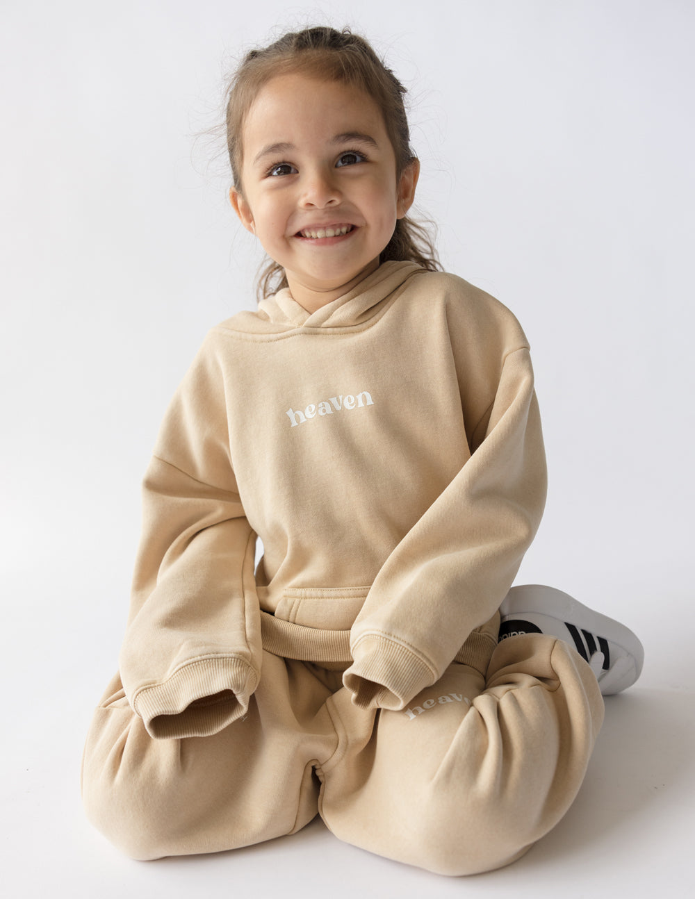 Tan Kids Hoodie from Elevated Faith featuring the word heaven, perfect for Christian Kids Apparel