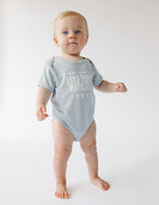 Light blue Elevated Faith onesie for babies with 'I Was Made to Worship' print, perfect Christian Kids Apparel