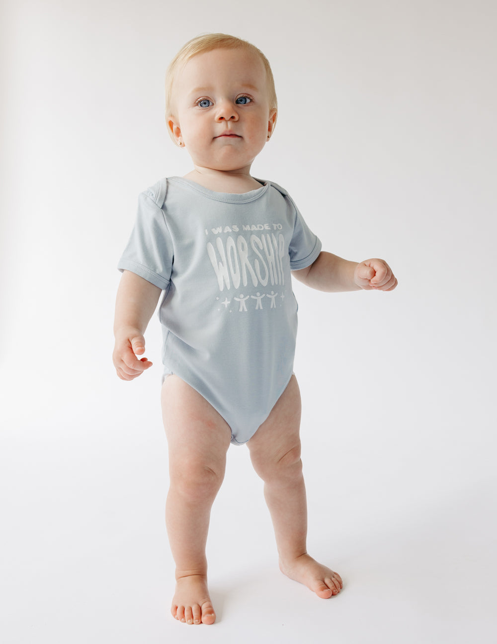 Light blue Elevated Faith onesie for babies with 'I Was Made to Worship' print, perfect Christian Kids Apparel