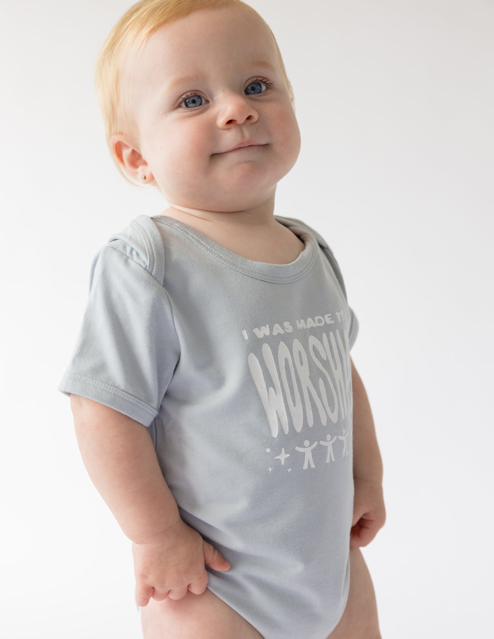 Light Gray Onesie for Kids with 'I Was Made to Worship' Design, part of Christian Kids Apparel