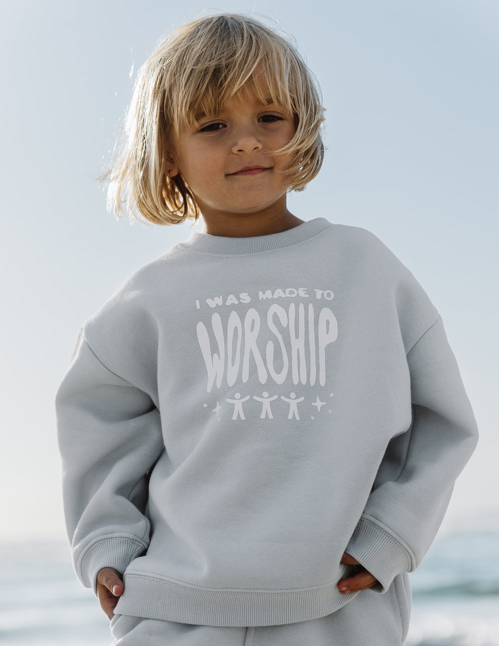 Elevated Faith Kids Crewneck in Light Gray with 'I Was Made to Worship' Design for Christian Kids Apparel