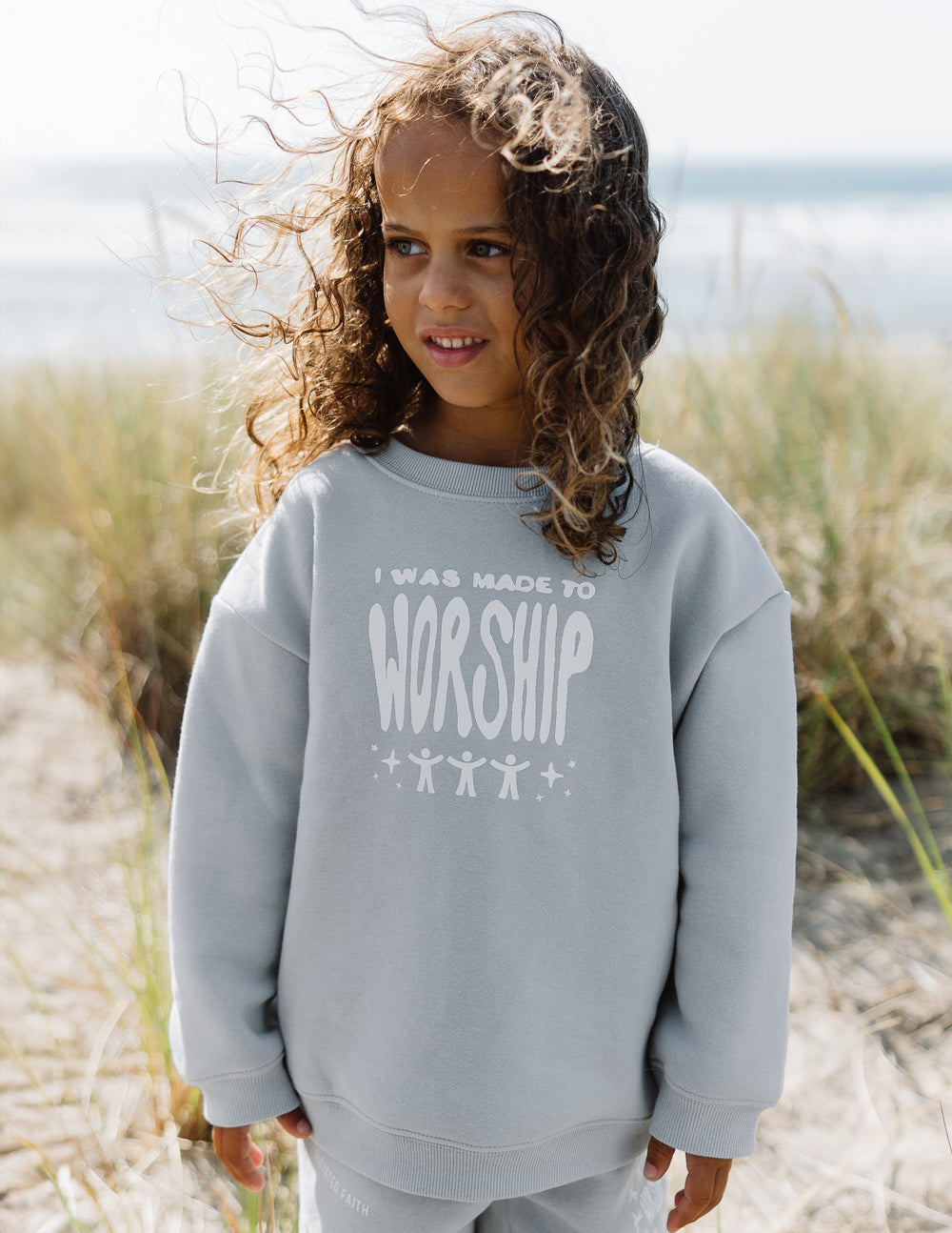Elevated Faith Kids Crewneck Sweatshirt in Gray featuring 'I Was Made to Worship' design for Christian Kids Apparel