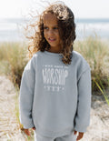 Elevated Faith Kids Crewneck Sweatshirt in Gray featuring 'I Was Made to Worship' design for Christian Kids Apparel