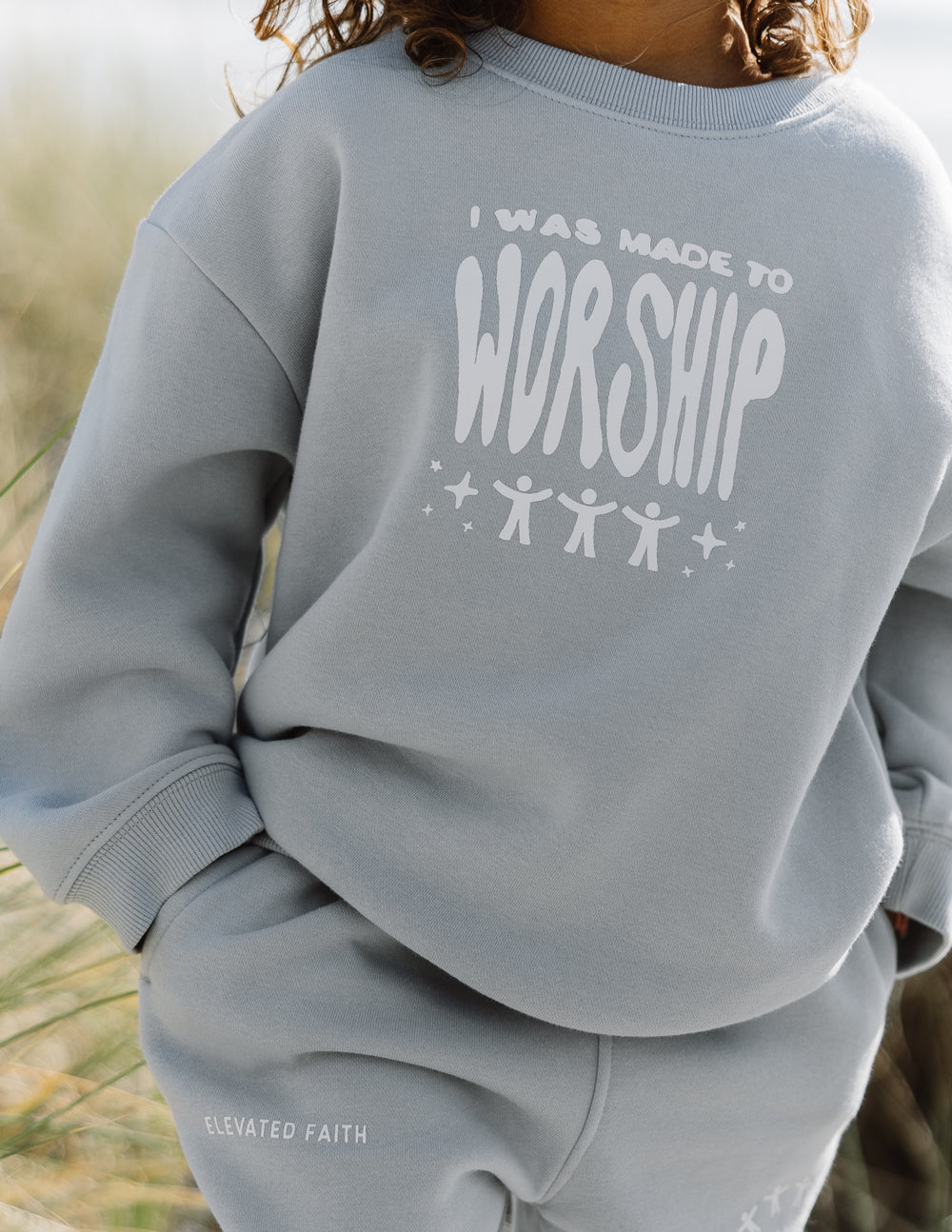 Elevated Faith Kids Crewneck Sweatshirt in Gray with 'I Was Made to Worship' Design - Christian Kids Apparel