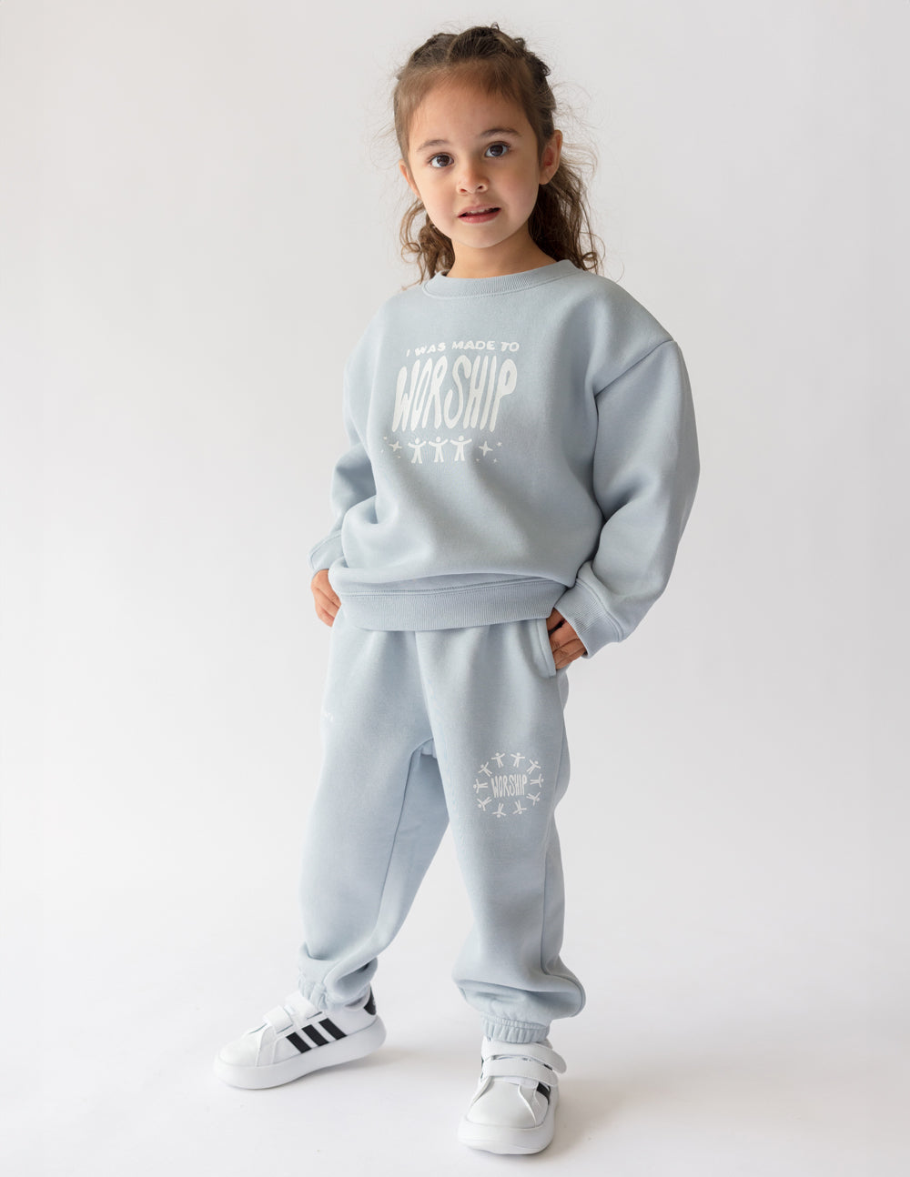 Elevated Faith Kids Crewneck in Light Blue featuring 'Made to Worship' design for Christian Kids Apparel