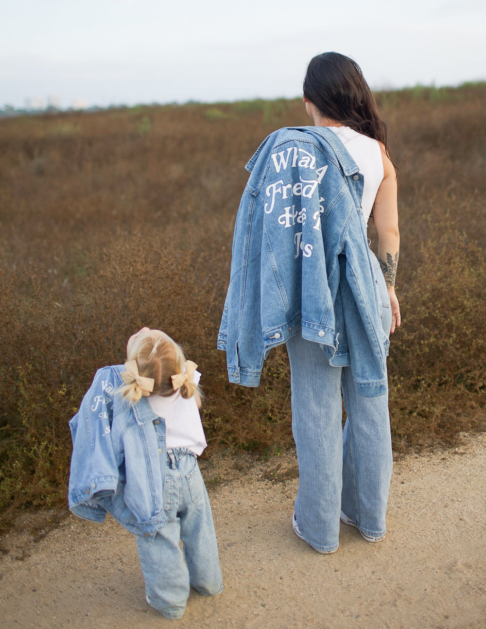 Matching denim jackets for kids and adults featuring Christian Kids Apparel with inspirational quotes