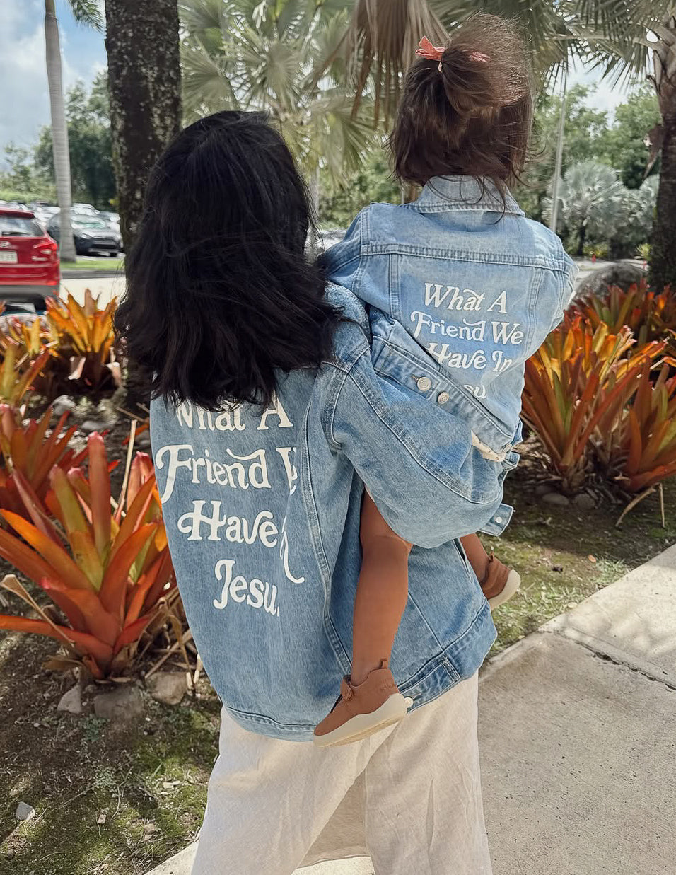 Matching Christian Kids Apparel denim jackets with 'What A Friend We Have in Jesus' text for kids and adults