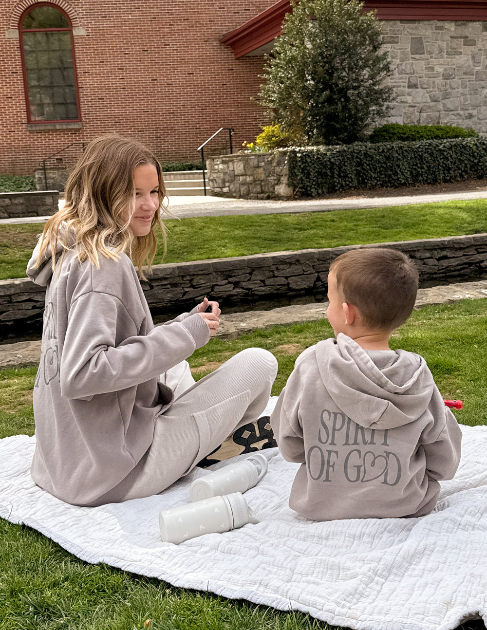 Kids hoodie in soft gray featuring 'Spirit of God' on back, ideal Christian Kids Apparel for casual outings