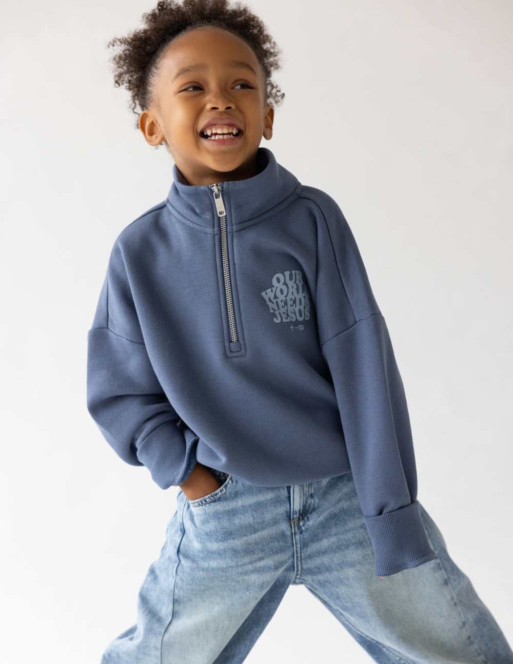 Elevated Faith Kids Jacket in Blue featuring a half-zip design, perfect for stylish Christian Kids Apparel