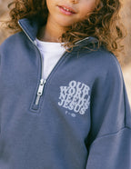 Elevated Faith Kids Jacket in Navy with 'Our World Needs Jesus' Print for Christian Kids Apparel