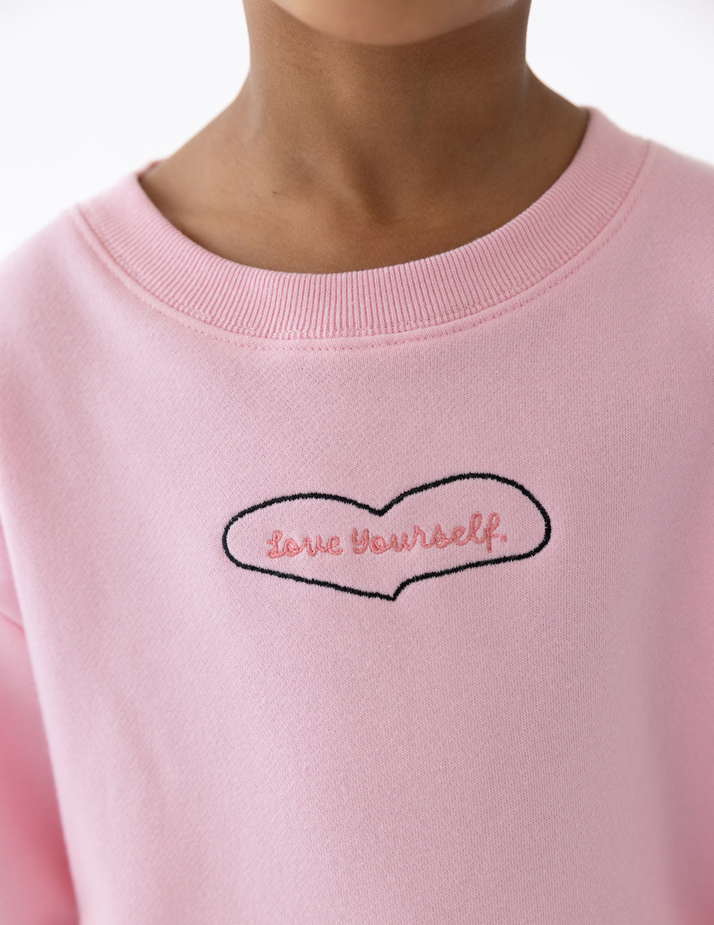 Pink Kids Crewneck with 'Love Yourself' Embroidery from Elevated Faith, ideal Christian Kids Apparel