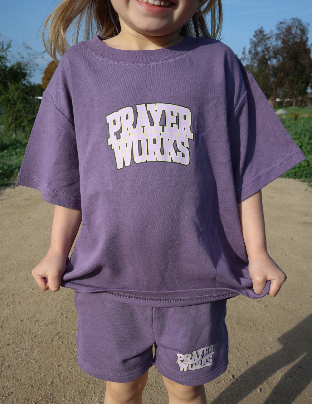 Purple Elevated Faith Kids T-Shirt with 'Prayer Works' design for Christian Kids Apparel