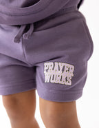 Elevated Faith Purple Kids Shorts with Prayer Works Design, part of Christian Kids Apparel
