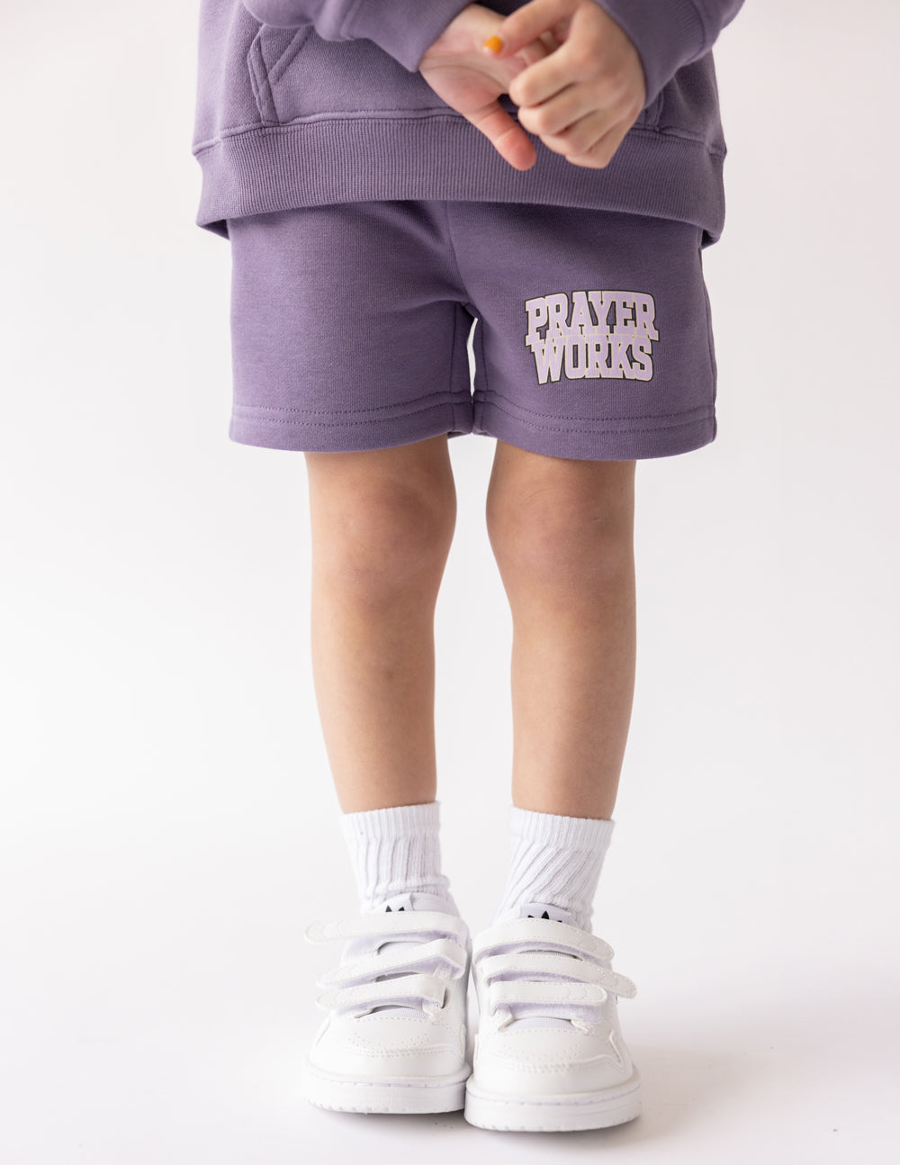 Elevated Faith Kids Short in lavender with 'Prayer Works' print, perfect for Christian Kids Apparel