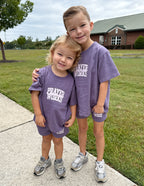 Kids wearing purple Elevated Faith T-Shirts with playful text, perfect for Christian Kids Apparel