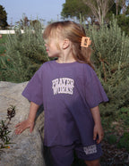 Purple Kids T-Shirt by Elevated Faith with 'Prayer Works' design, perfect for Christian Kids Apparel