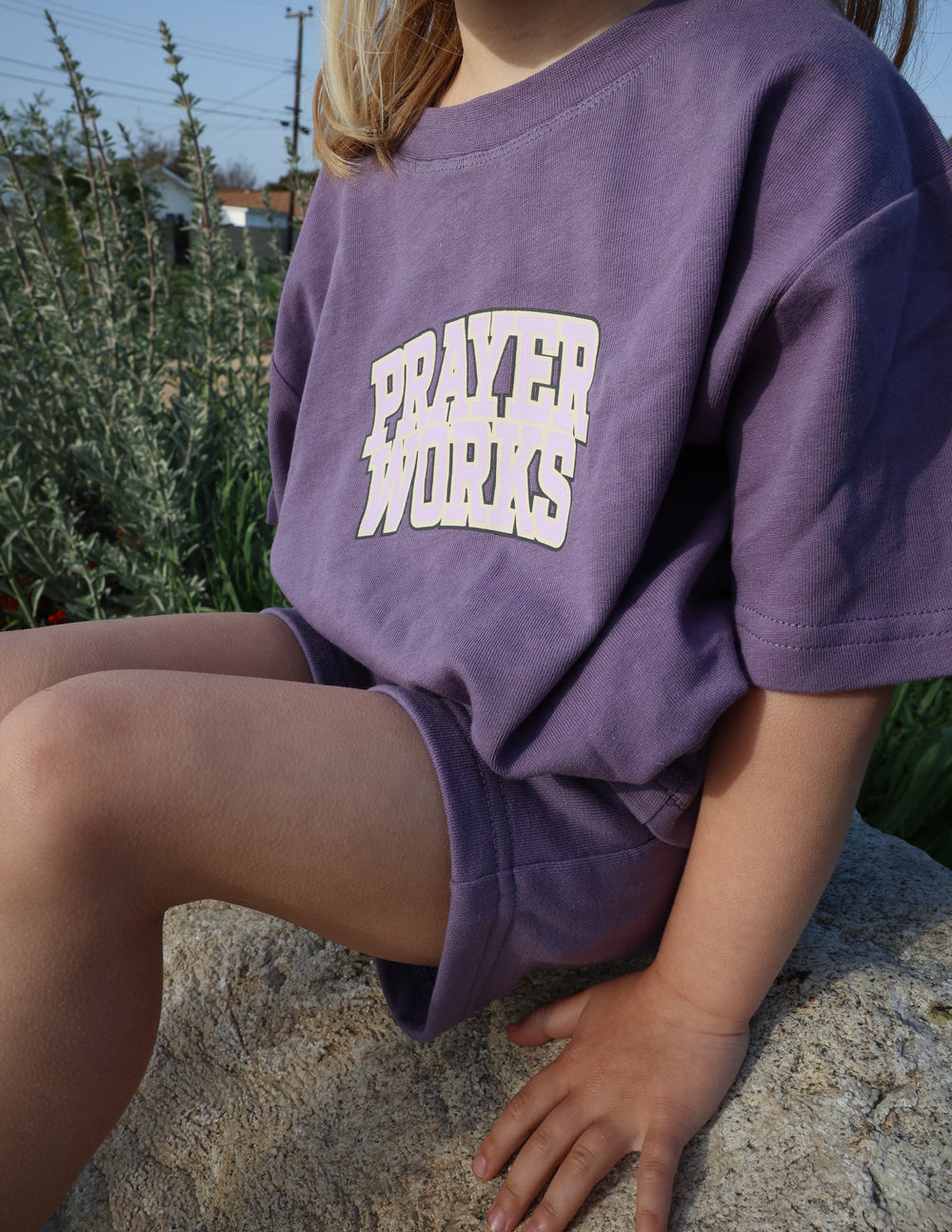 Elevated Faith Kids T-Shirt in Purple with 'Prayer Works' Design, part of Christian Kids Apparel
