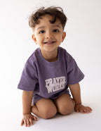 Purple Elevated Faith Kids T-Shirt with 'Prayer Works' design, part of Christian Kids Apparel