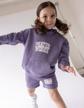 Elevated Faith Kids Hoodie in Purple with 'Prayer Works' Design, part of Christian Kids Apparel