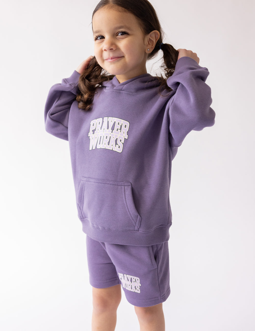 Elevated Faith Purple Kids Hoodie featuring 'Prayer Works' design for Christian Kids Apparel