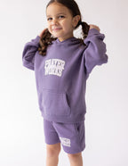 Elevated Faith Purple Kids Hoodie featuring 'Prayer Works' design for Christian Kids Apparel
