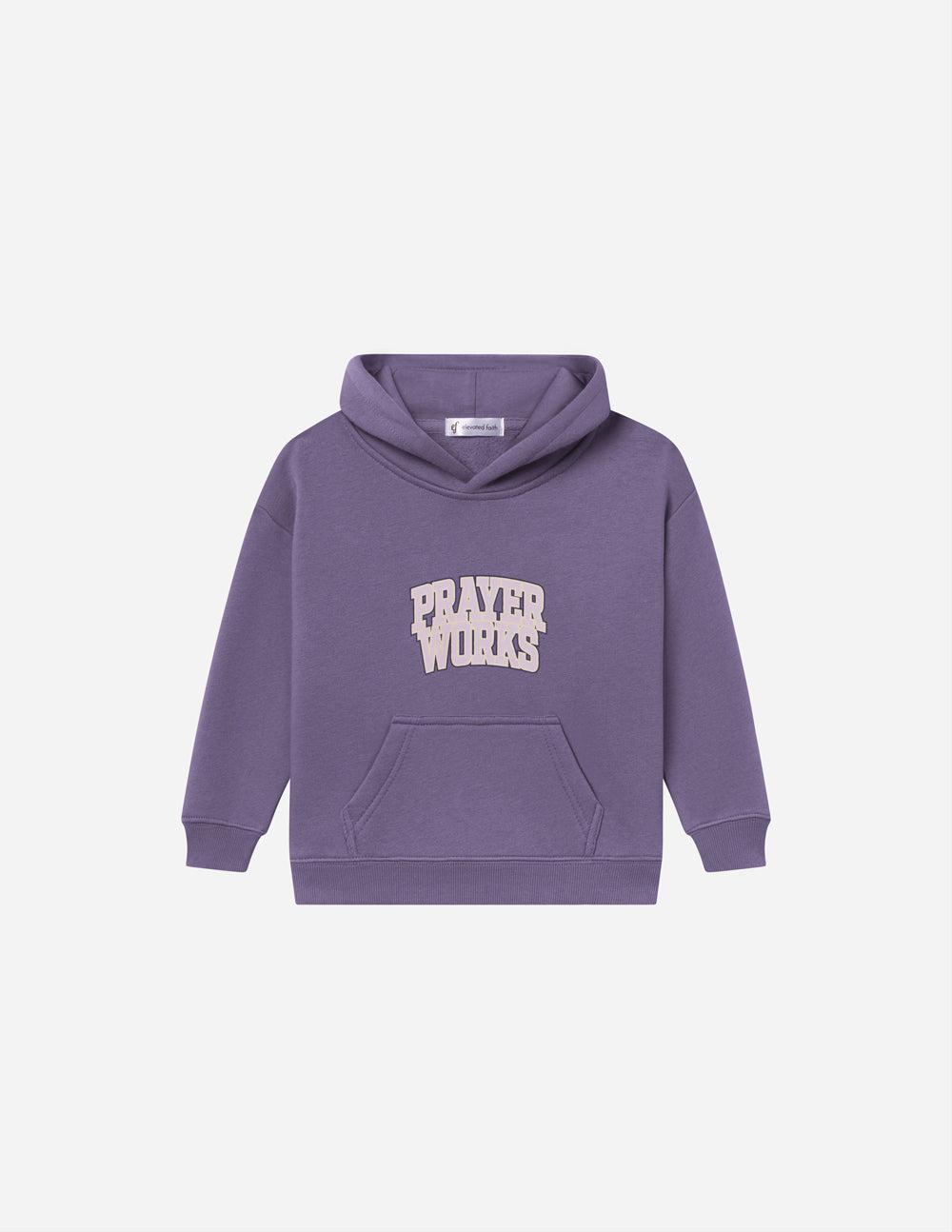 Purple Kids Hoodie by Elevated Faith featuring 'Prayer Works' graphic, perfect for Christian Kids Apparel.